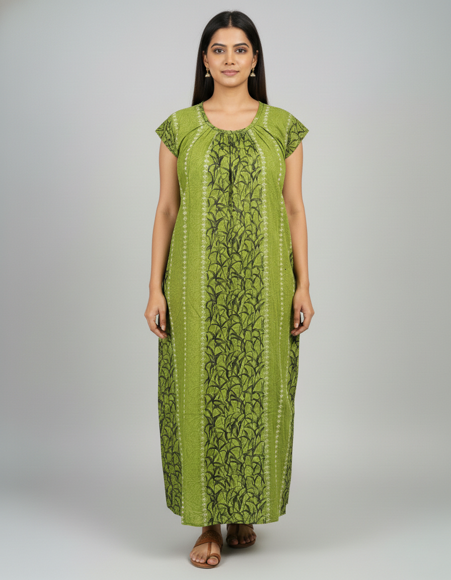 Daily Comfort Ankle-Length Cotton Nighty – Green Floral Print 1