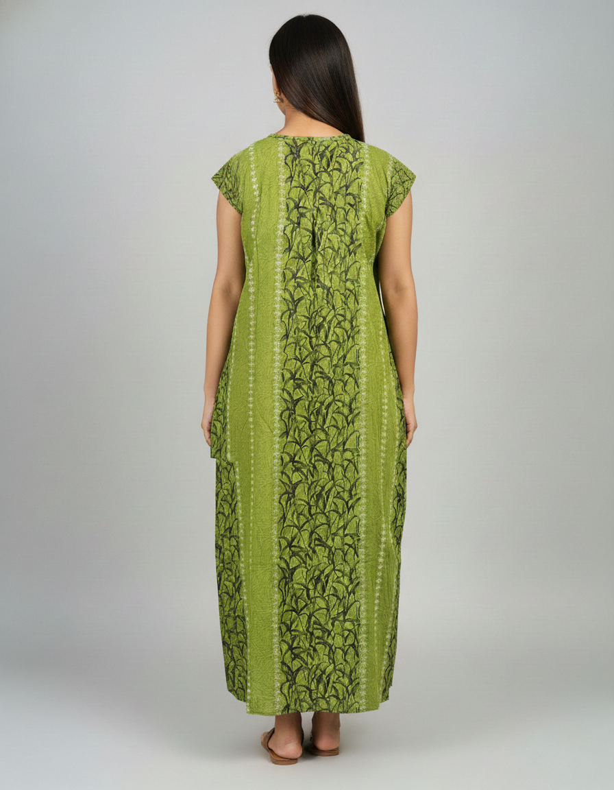 Daily Comfort Ankle-Length Cotton Nighty – Green Floral Print 1