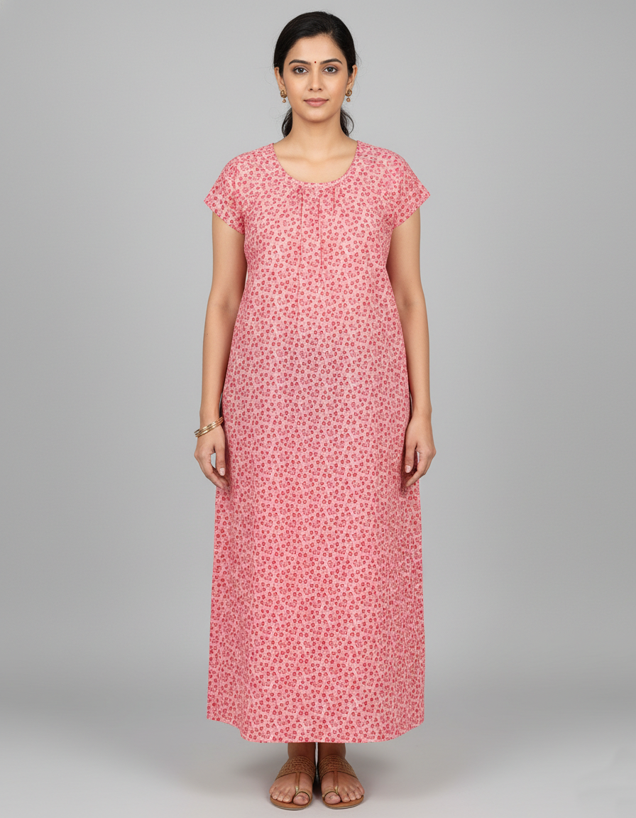 Daily Comfort Ankle-Length Cotton Nighty – Orange Floral Print 2