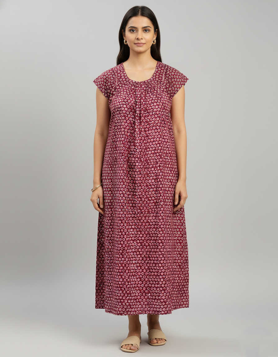 Daily Comfort Ankle-Length Cotton Nighty – Maroon Floral Print 1