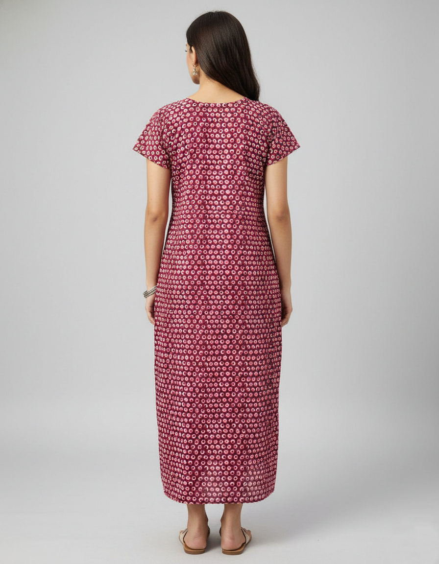 Daily Comfort Ankle-Length Cotton Nighty – Maroon Floral Print 1