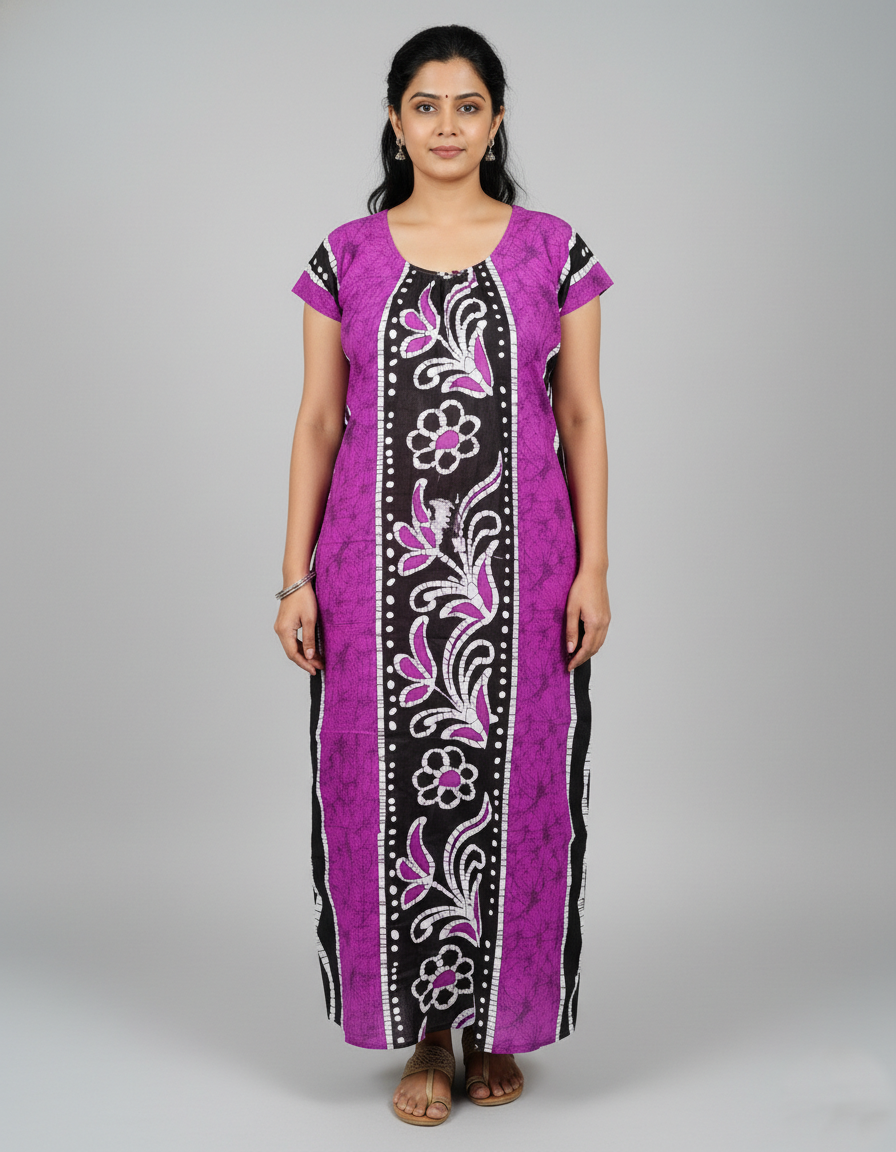 Daily Comfort Ankle-Length Cotton Nighty – Purple Floral Print 1