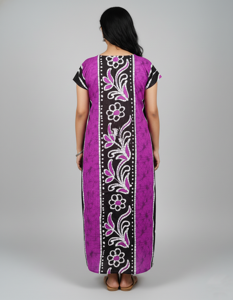 Daily Comfort Ankle-Length Cotton Nighty – Purple Floral Print 1