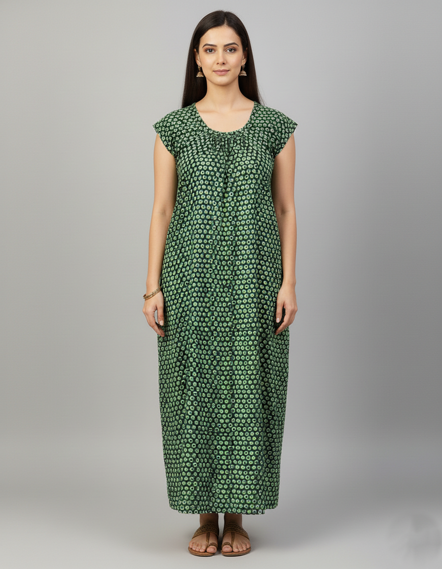 Daily Comfort Ankle-Length Cotton Nighty – Green Floral Print 2