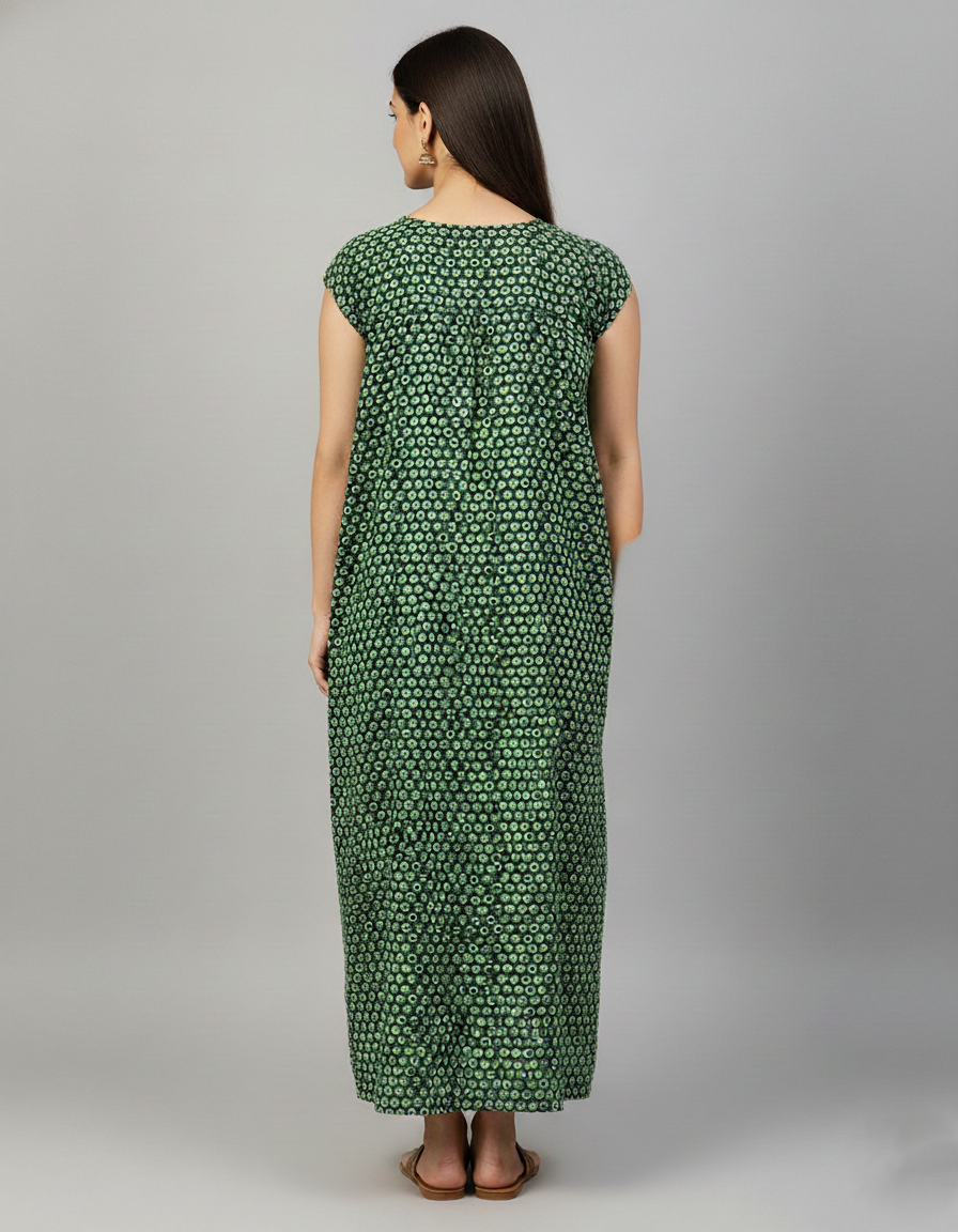 Daily Comfort Ankle-Length Cotton Nighty – Green Floral Print 2