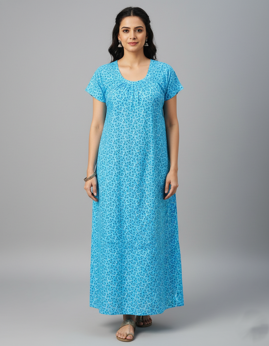 Daily Comfort Ankle-Length Cotton Nighty – Sky Blue Floral Print 1