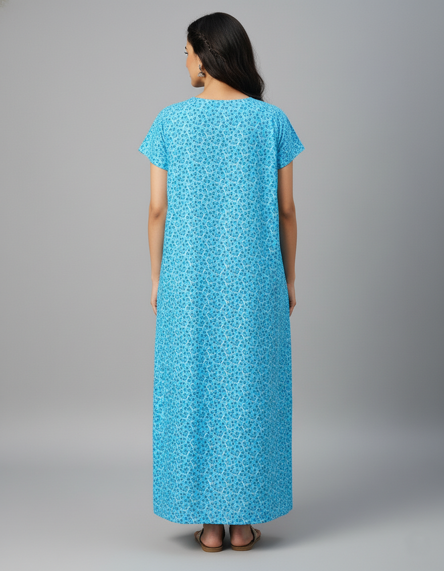 Daily Comfort Ankle-Length Cotton Nighty – Sky Blue Floral Print 1