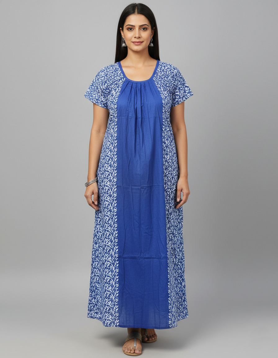 Daily Comfort Ankle-Length Cotton Nighty – Blue Floral Print 1