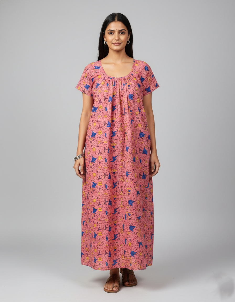 Daily Comfort Ankle-Length Cotton Nighty – Pink Floral Print 2