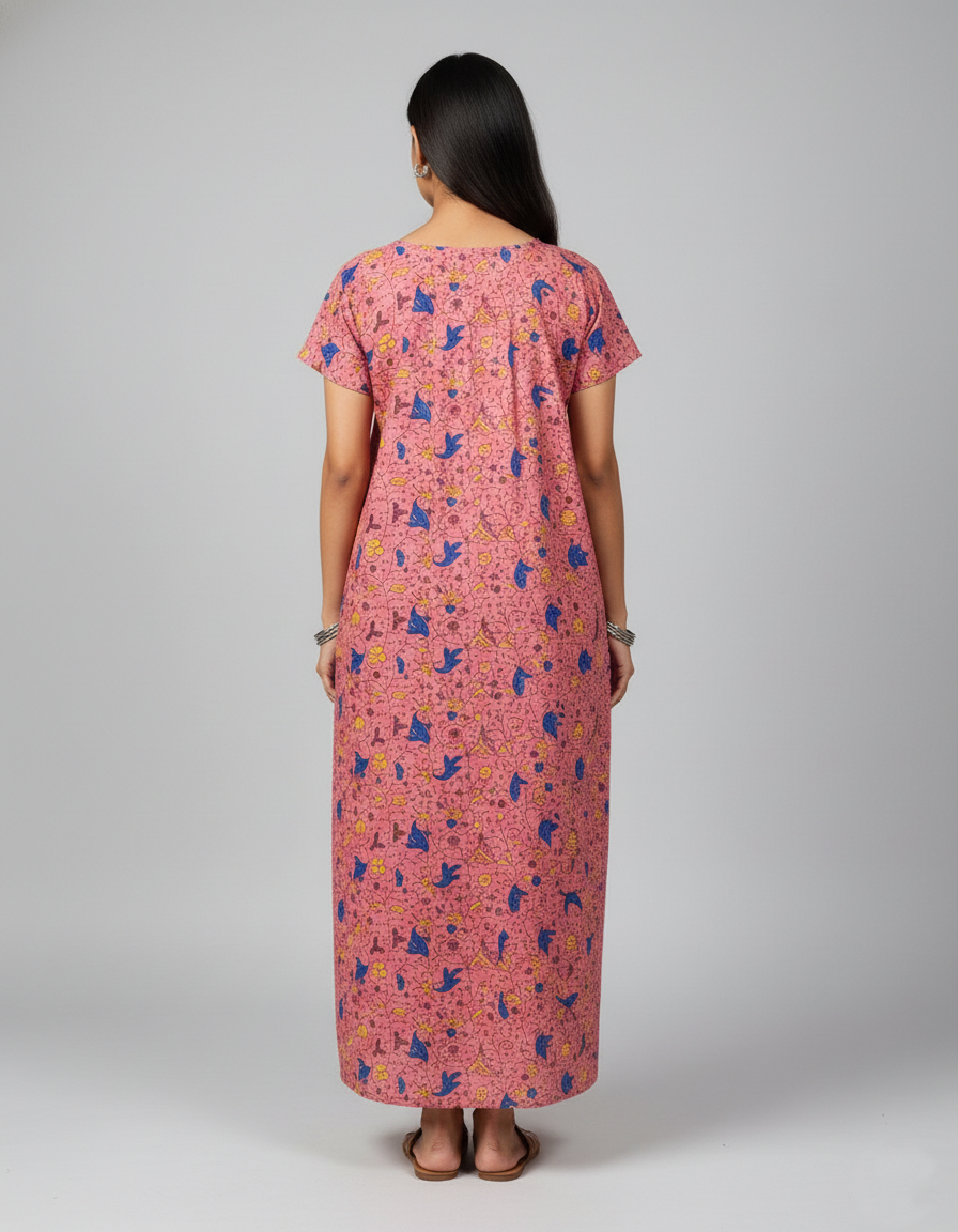 Daily Comfort Ankle-Length Cotton Nighty – Pink Floral Print 2