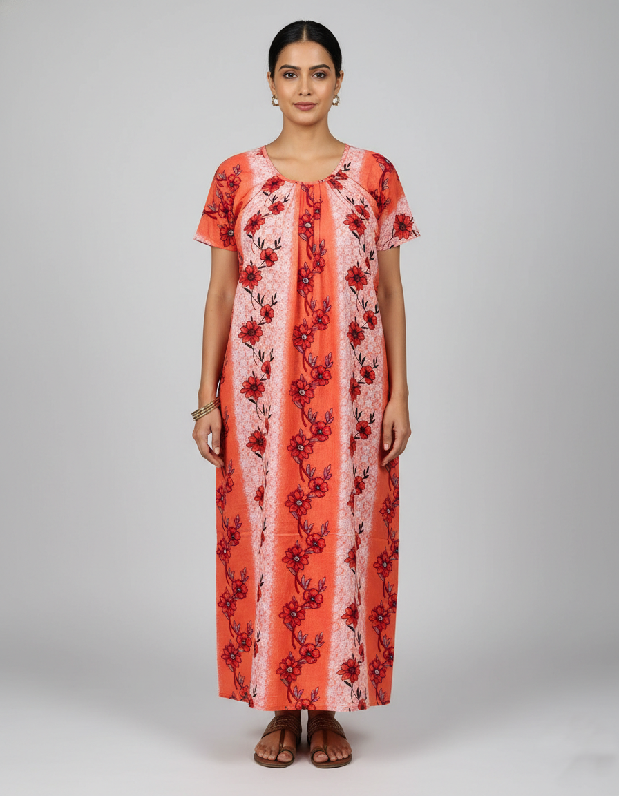 Daily Comfort Ankle-Length Cotton Nighty – Orange Floral Print 3