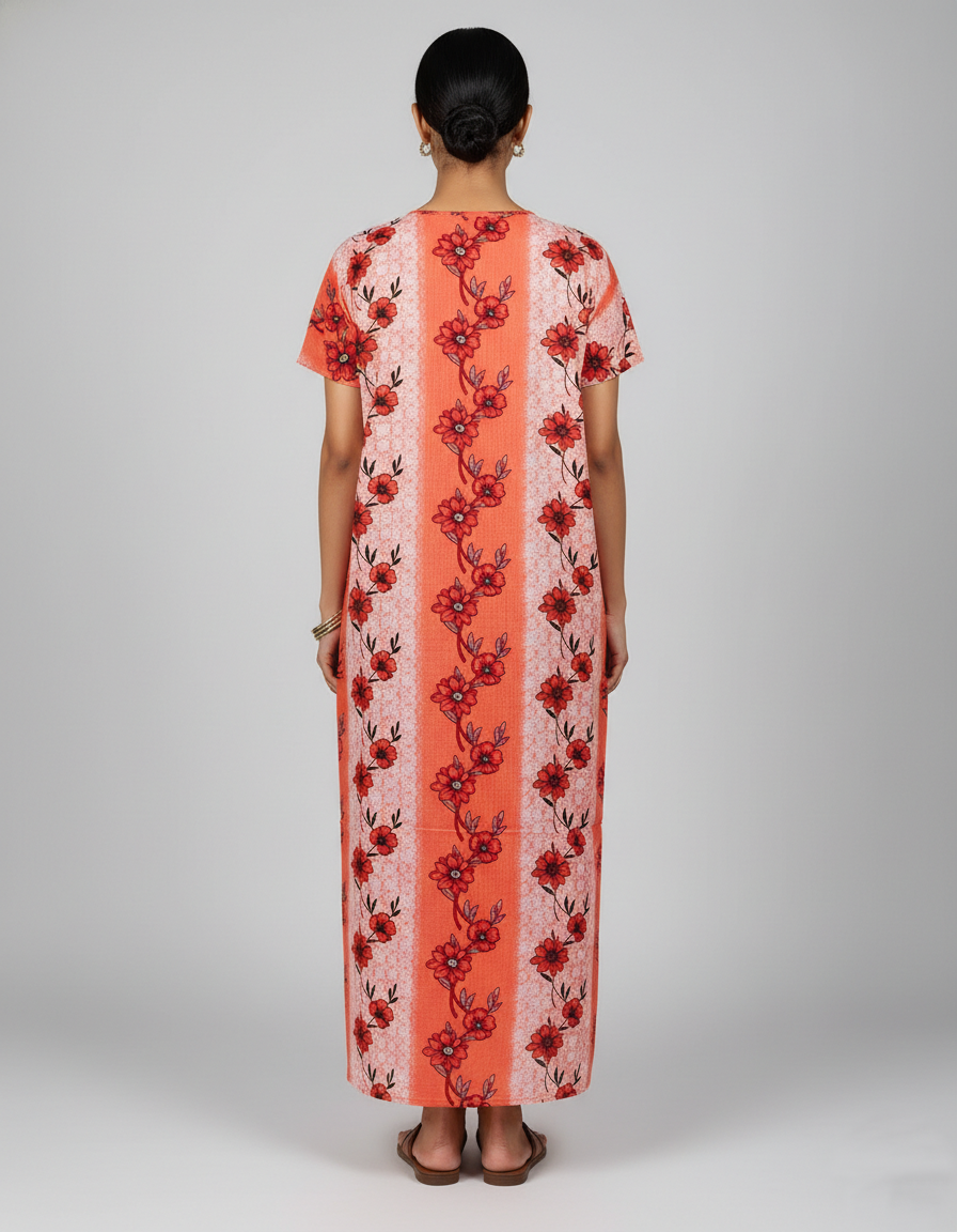 Daily Comfort Ankle-Length Cotton Nighty – Orange Floral Print 3