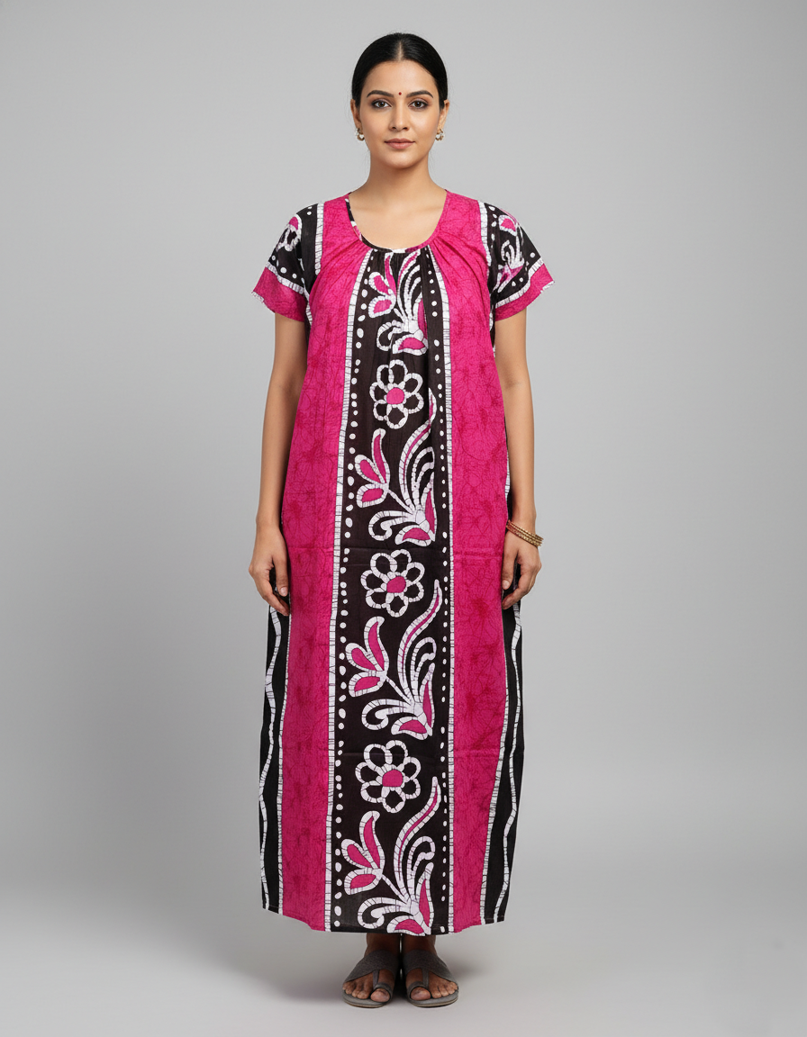 Daily Comfort Ankle-Length Cotton Nighty – Pink Floral Print 3