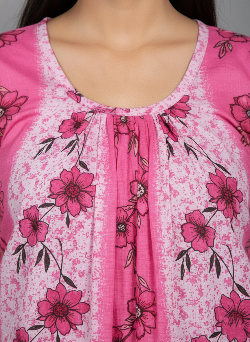Pink Pure Cotton Nighty | Free Size | Limited Edition Design | Print 11
