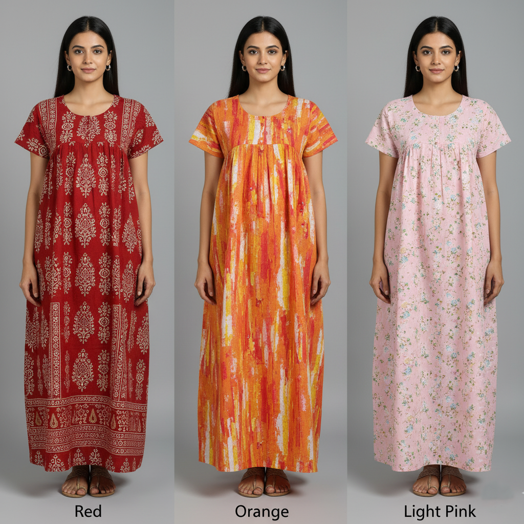 Crimson Balance Combo – Red, Orange & Light Pink Cotton Nighty Combo (Pack of 3)