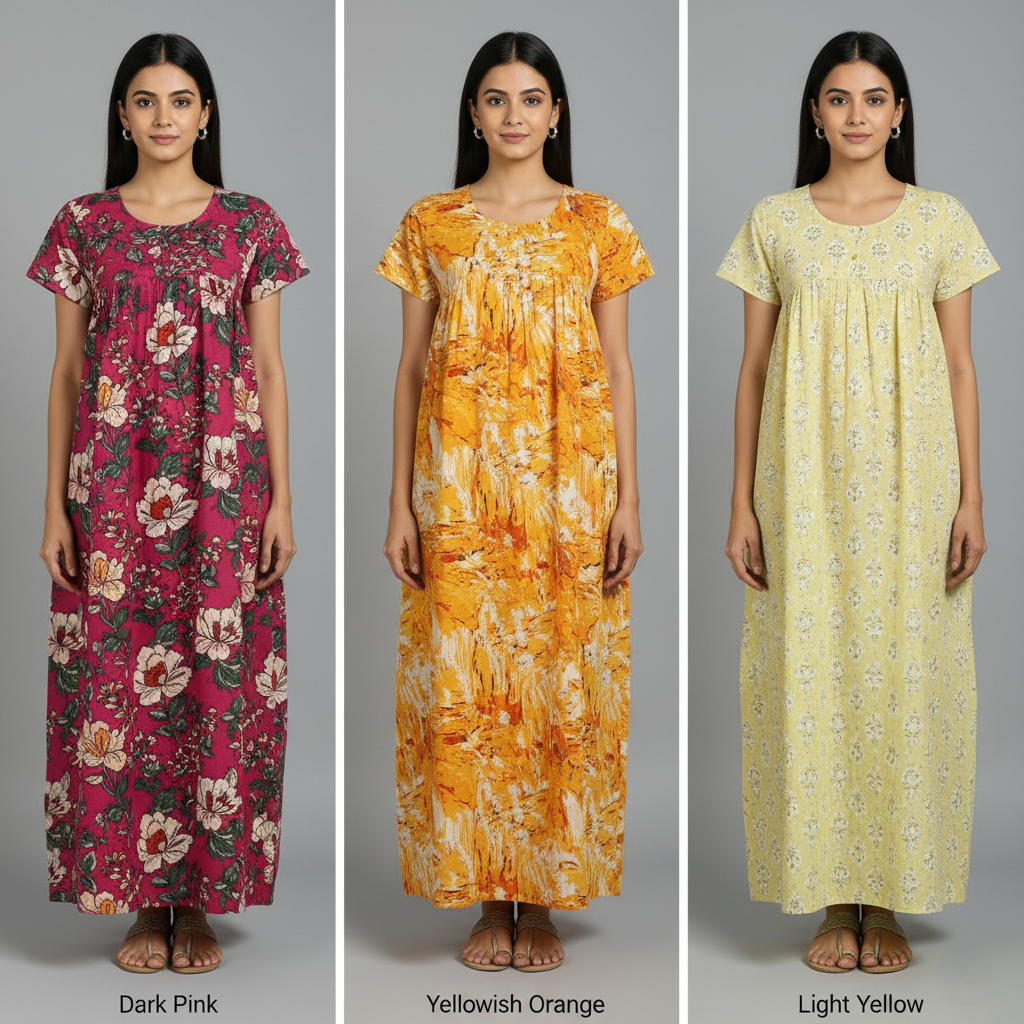 Bold Contrast Combo – Dark Pink, Yellowish Orange & Light Yellow Cotton Nighty Combo (Pack of 3)