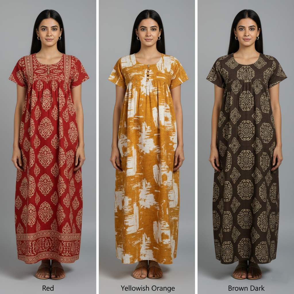 Citrus Blaze Combo – Red, Yellowish Orange & Brown Dark Cotton Nighty Combo (Pack of 3)