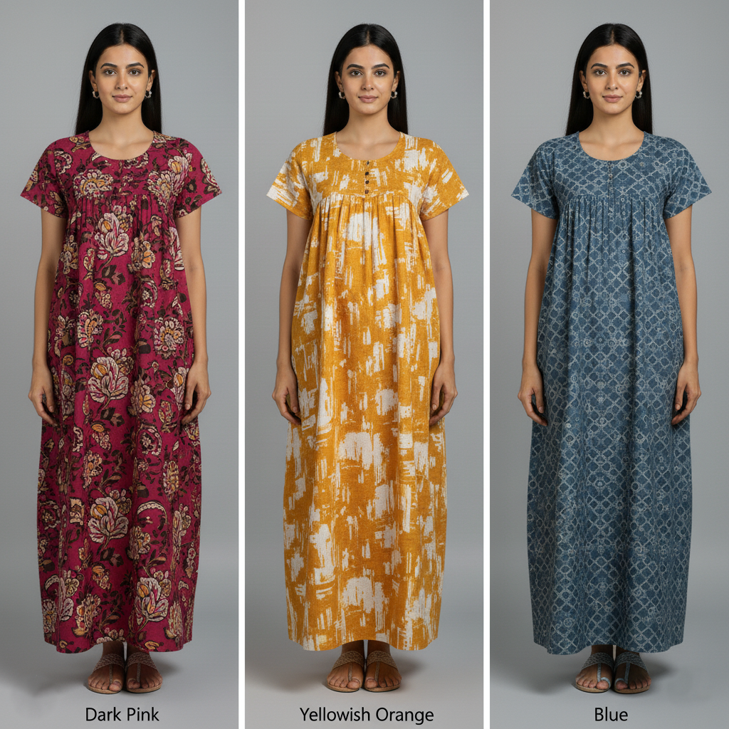 Vibrant Edge Combo – Dark Pink, Yellowish Orange & Blue Cotton Nighty Combo (Pack of 3)