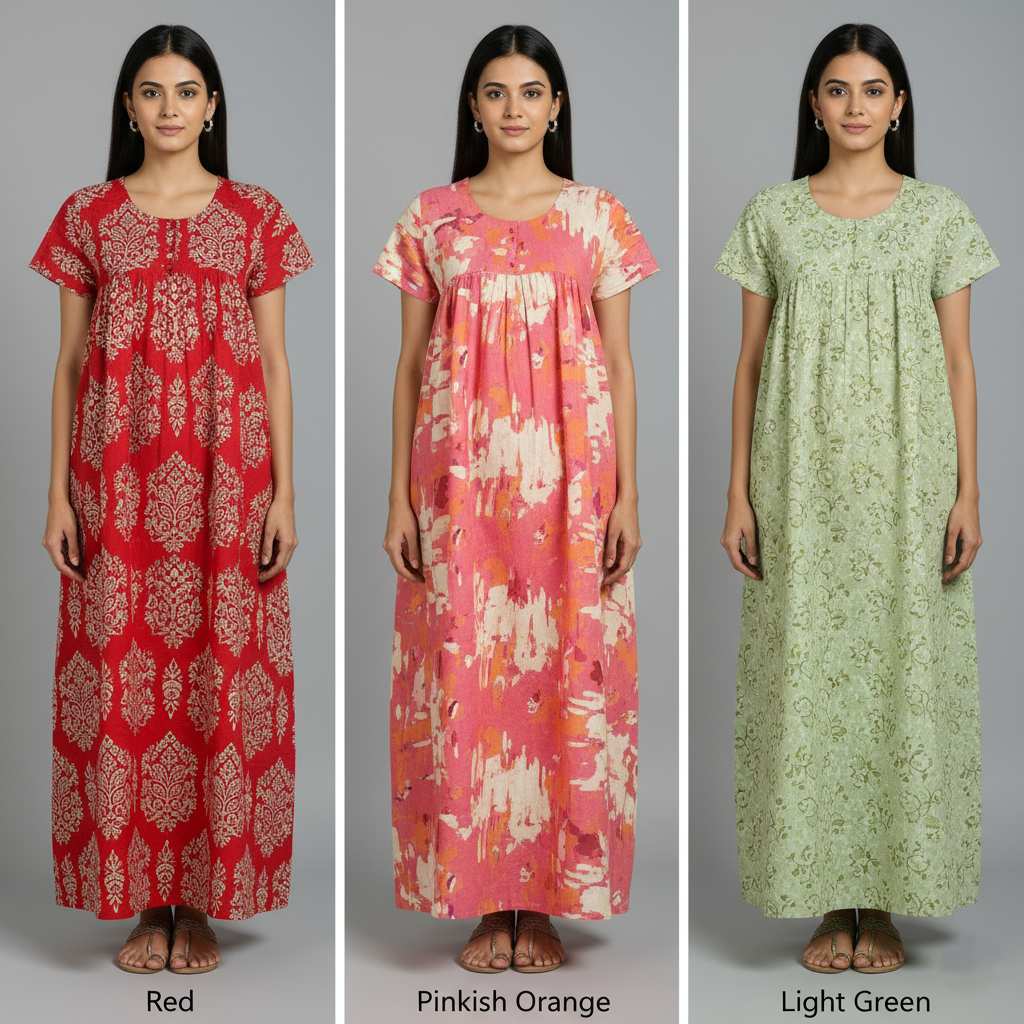 Fresh Splash Combo – Red, Pinkish Orange & Light Green Nighty Combo (Pack of 3)