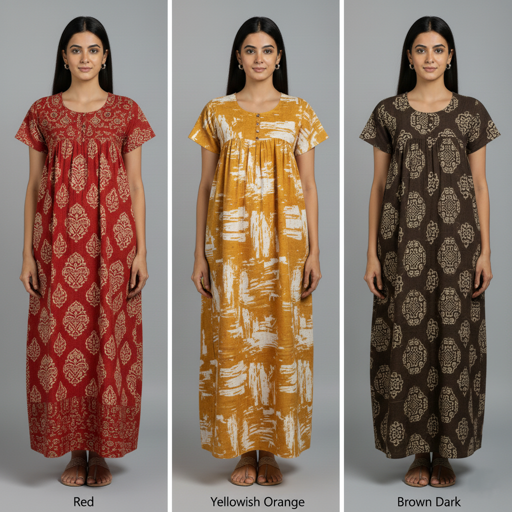 Sunset Power Combo – Red, Orange & Brown Dark Cotton Nighty Combo (Pack of 3)