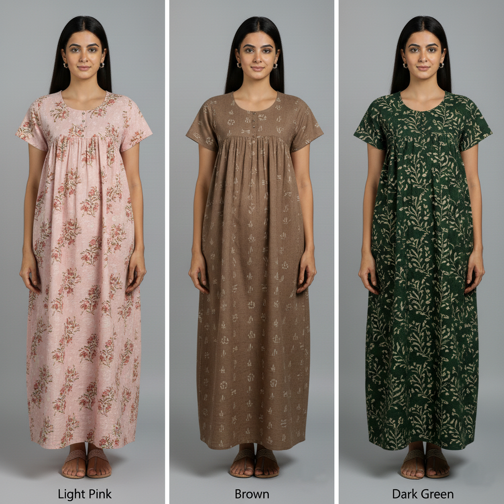 Pastel Comfort Combo – Light Pink, Brown & Dark Green Nighty Combo (Pack of 3)