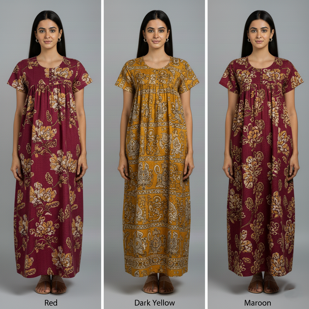 Royal Festive Combo – Red, Dark Yellow & Maroon Nighty Combo (Pack of 3)