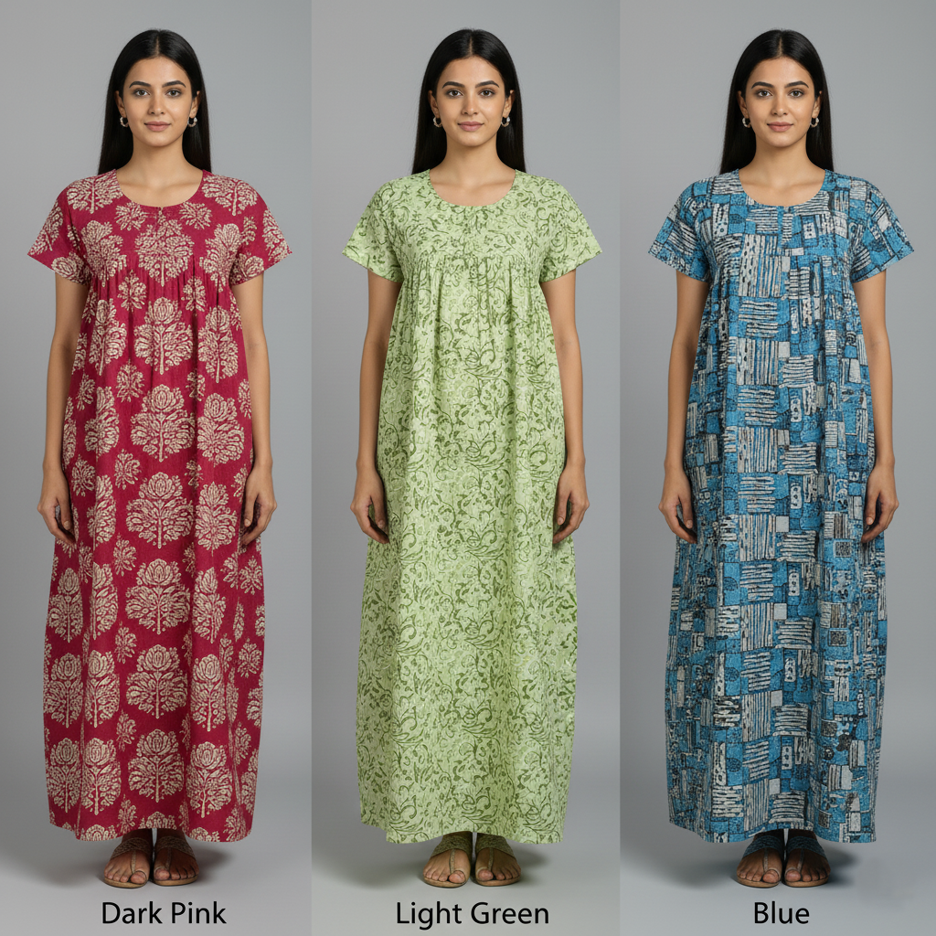 Blossom Breeze Combo – Dark Pink, Light Green & Blue Nighty Combo (Pack of 3)