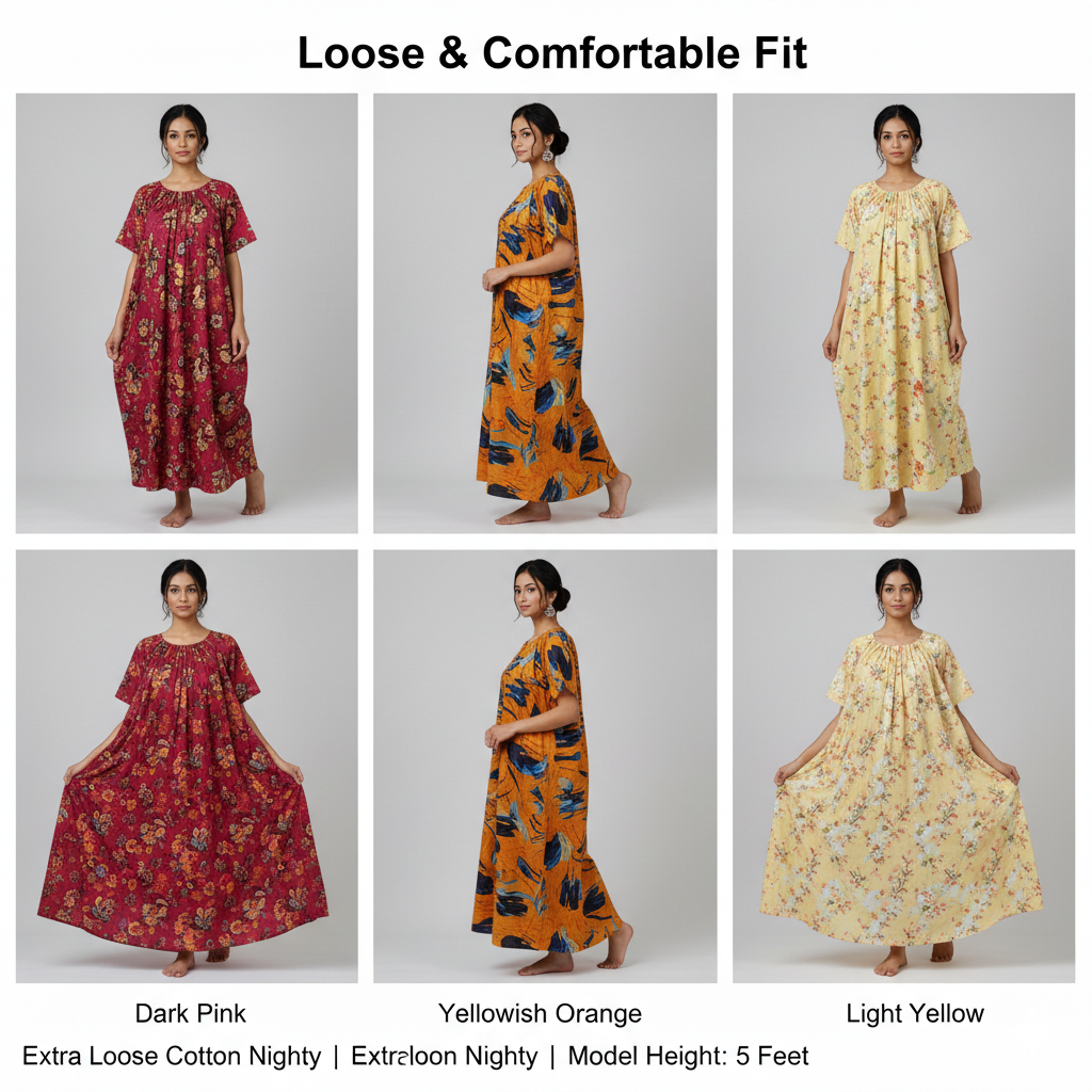 Bold Contrast Combo – Dark Pink, Yellowish Orange & Light Yellow Cotton Nighty Combo (Pack of 3)