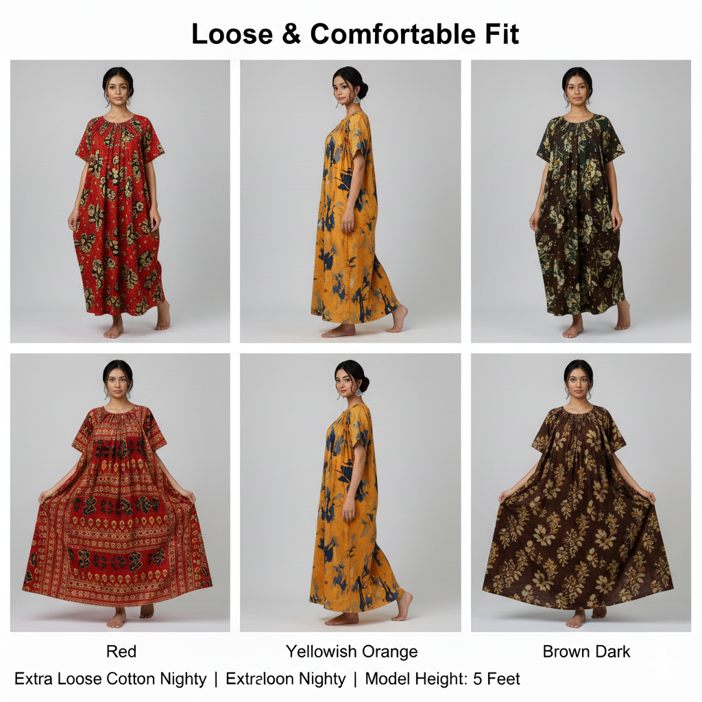 Citrus Blaze Combo – Red, Yellowish Orange & Brown Dark Cotton Nighty Combo (Pack of 3)