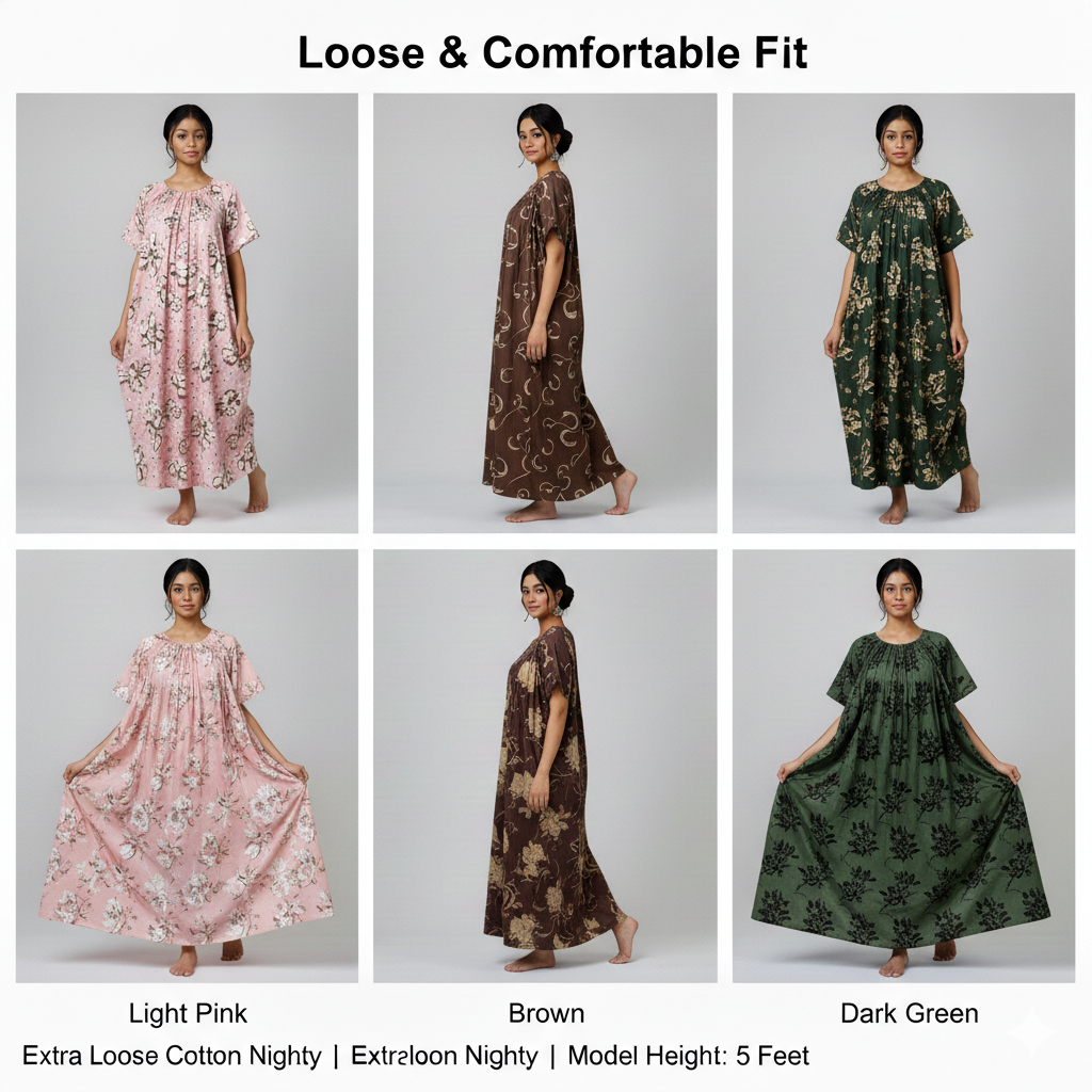 Pastel Comfort Combo – Light Pink, Brown & Dark Green Nighty Combo (Pack of 3)