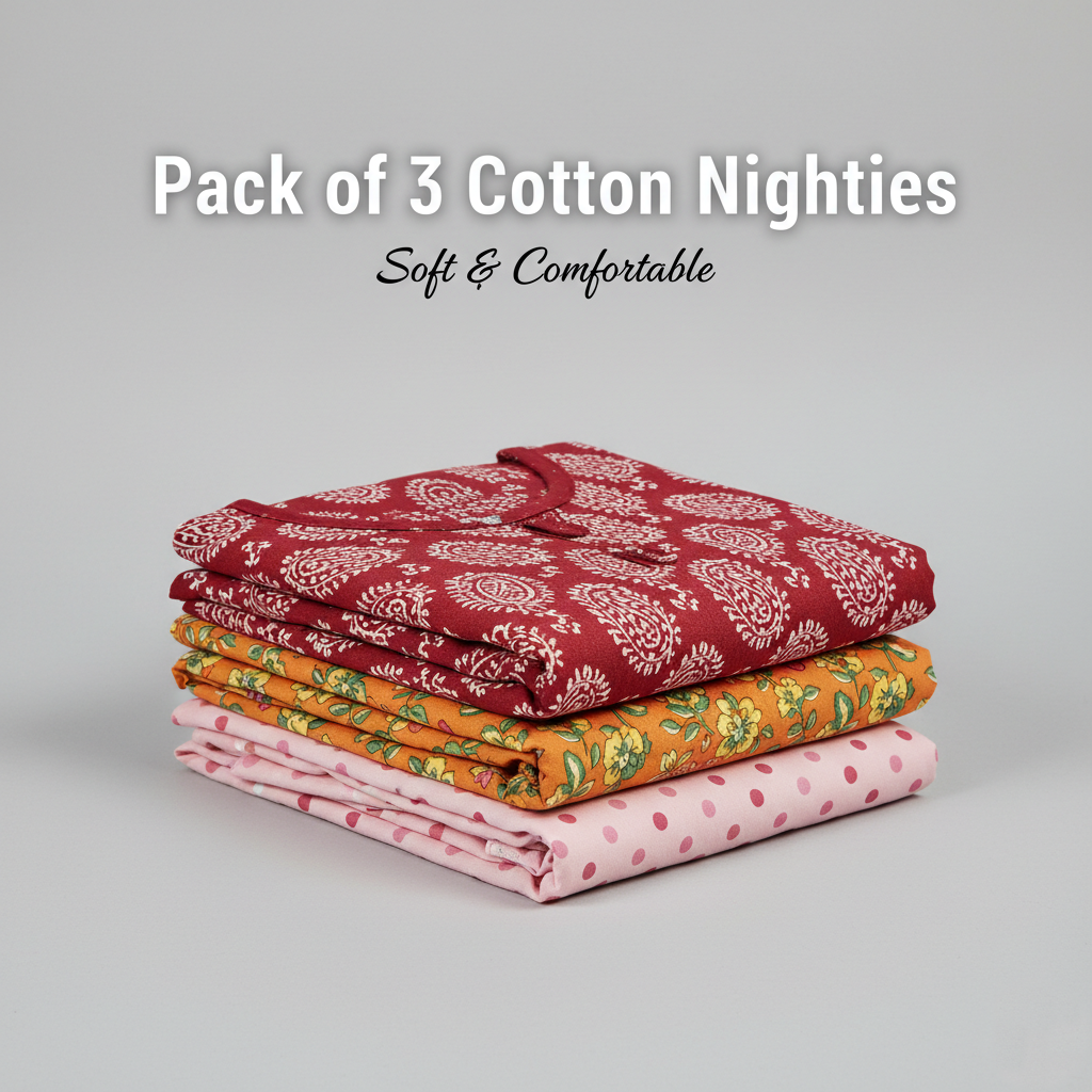 Crimson Balance Combo – Red, Orange & Light Pink Cotton Nighty Combo (Pack of 3)