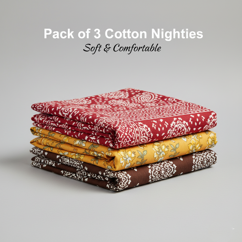 Citrus Blaze Combo – Red, Yellowish Orange & Brown Dark Cotton Nighty Combo (Pack of 3)