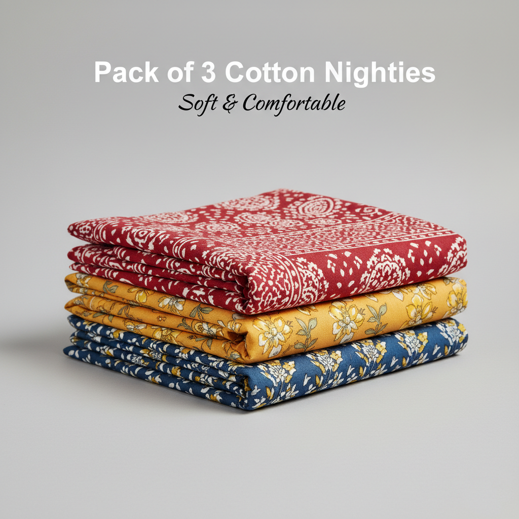Vibrant Edge Combo – Dark Pink, Yellowish Orange & Blue Cotton Nighty Combo (Pack of 3)