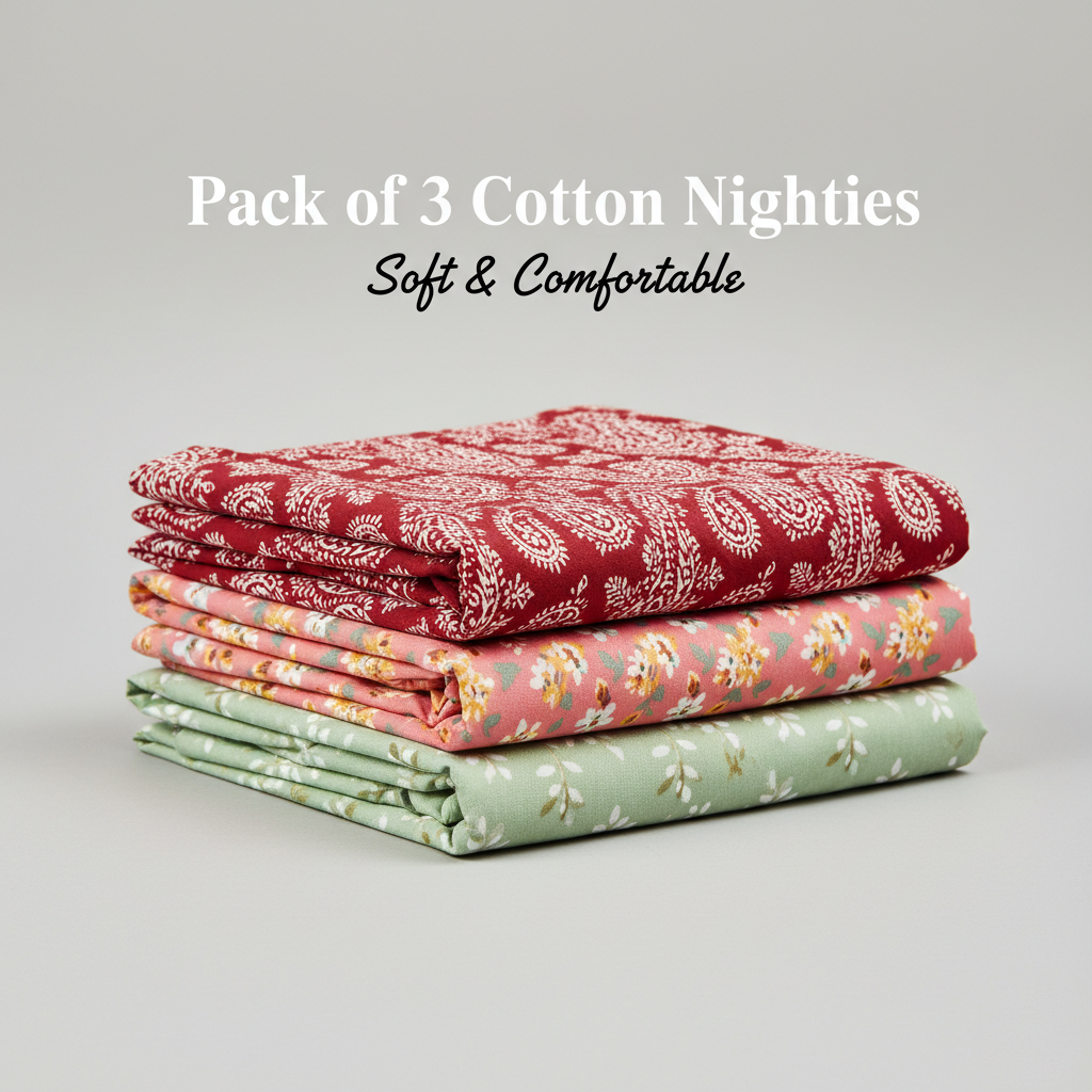 Fresh Splash Combo – Red, Pinkish Orange & Light Green Nighty Combo (Pack of 3)