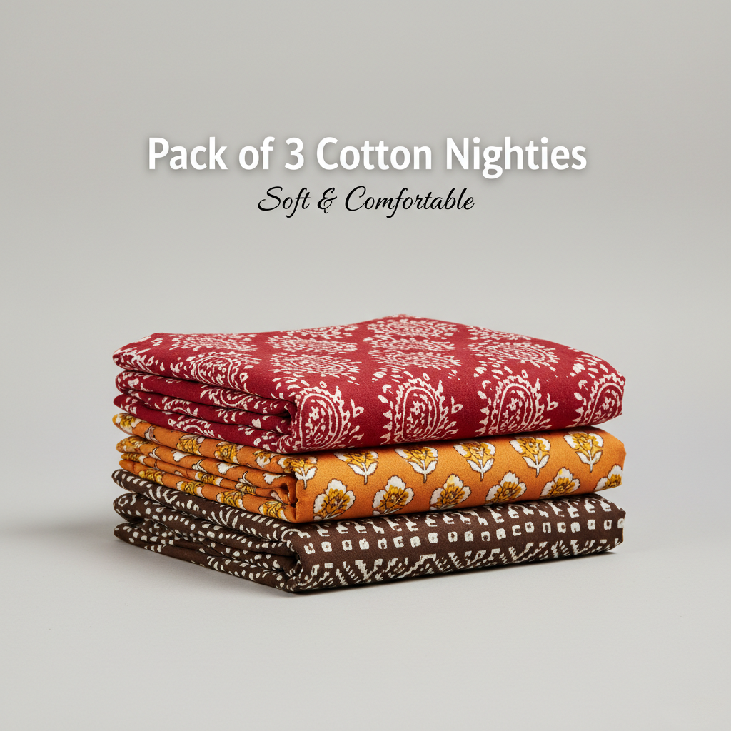 Sunset Power Combo – Red, Orange & Brown Dark Cotton Nighty Combo (Pack of 3)