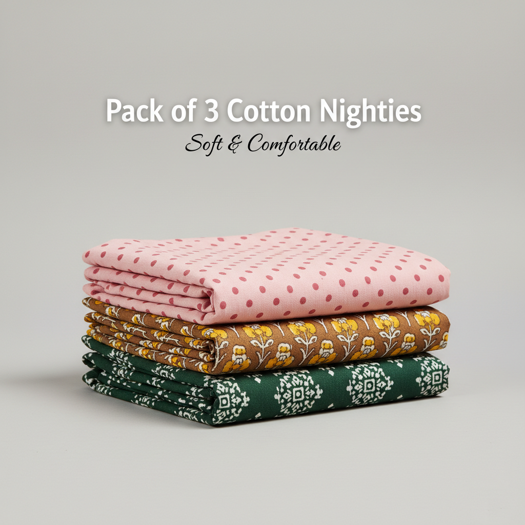 Pastel Comfort Combo – Light Pink, Brown & Dark Green Nighty Combo (Pack of 3)