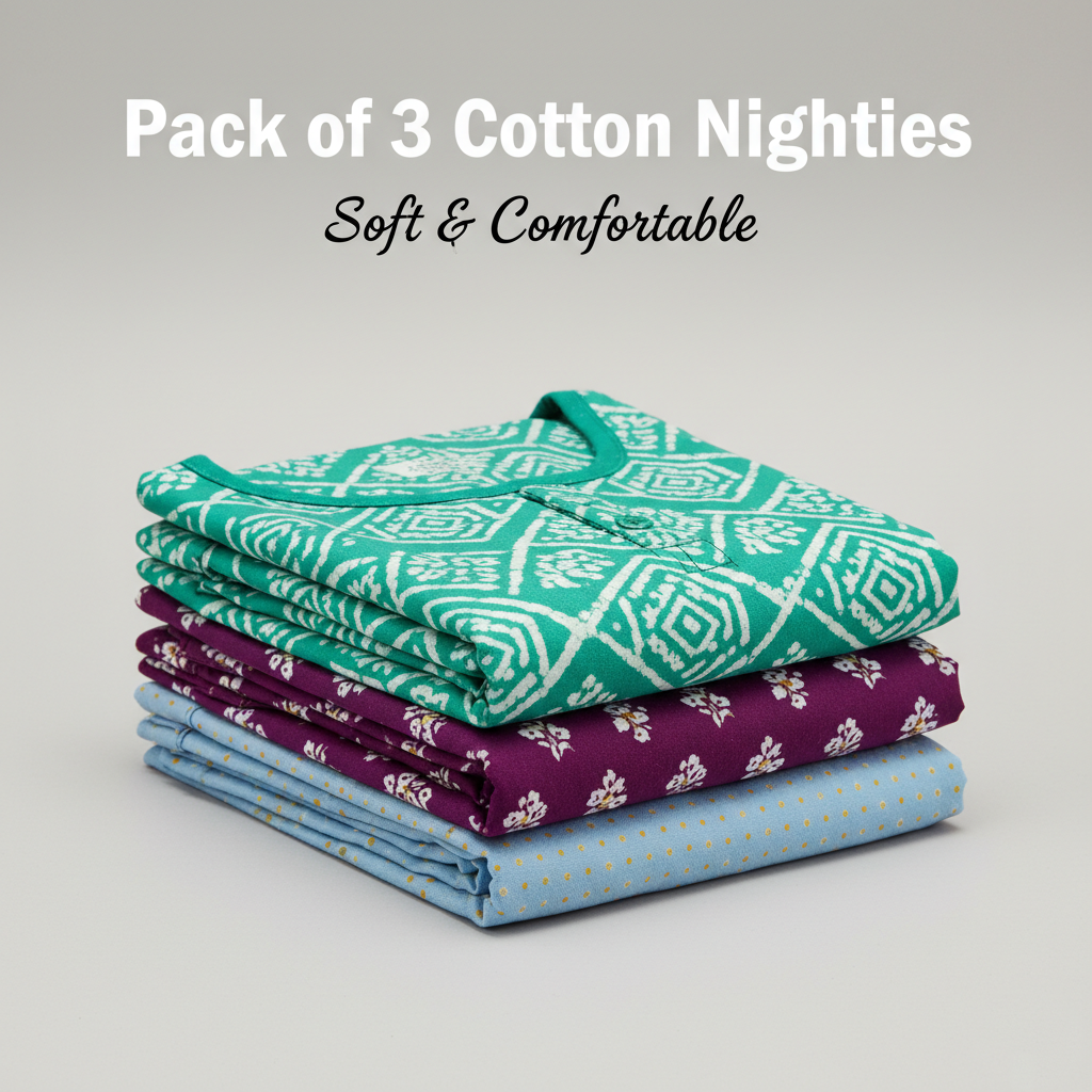 Ocean Mist Combo – Teal Green, Purple & Sky Blue Nighty Combo (Pack of 3)