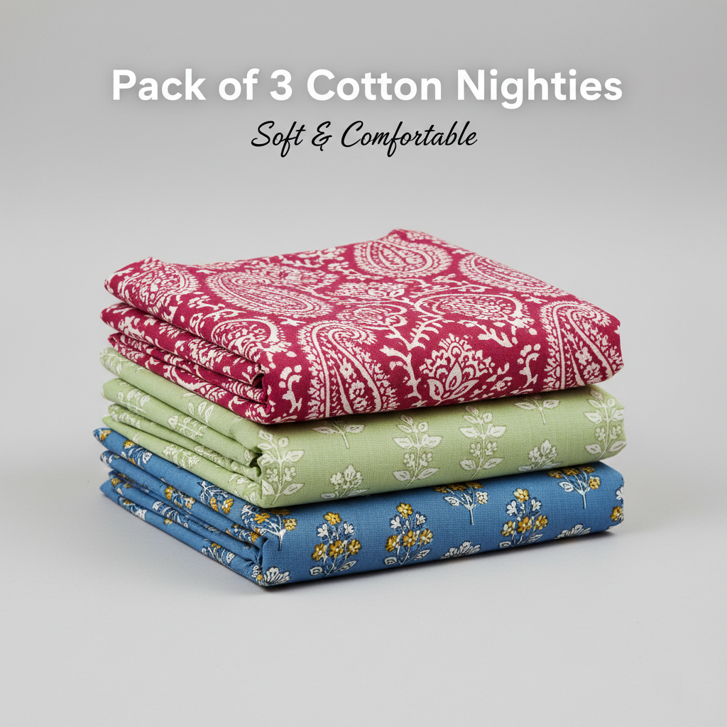 Blossom Breeze Combo – Dark Pink, Light Green & Blue Nighty Combo (Pack of 3)
