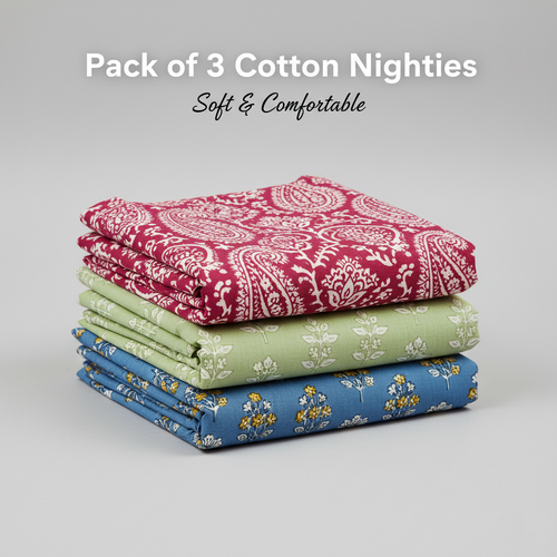 Blossom Breeze Combo – Dark Pink, Light Green & Blue Nighty Combo (Pack of 3)