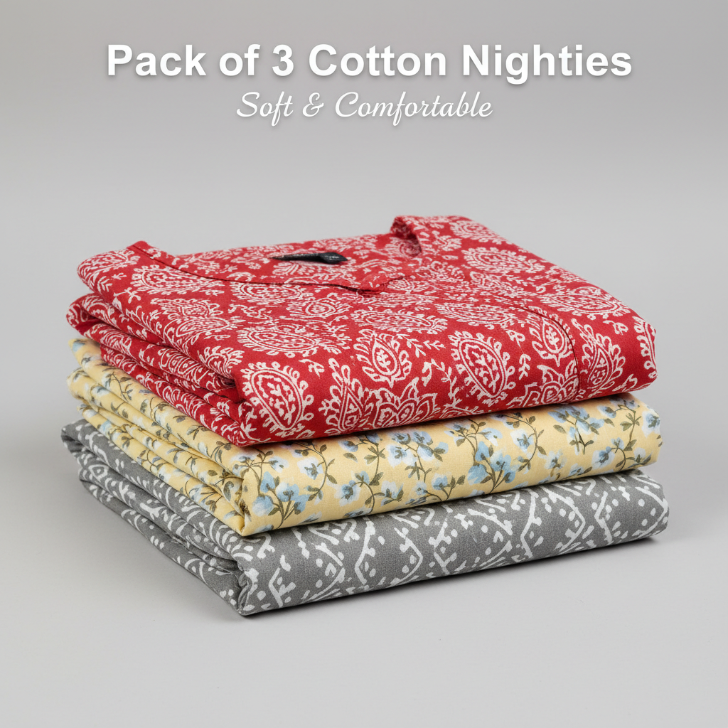 Ruby Glow Combo – Red, Light Yellow & Grey Cotton Nighty Combo (Pack of 3)