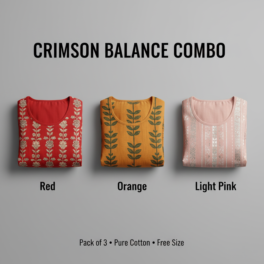 Crimson Balance Combo – Red, Orange & Light Pink Cotton Nighty Combo (Pack of 3)