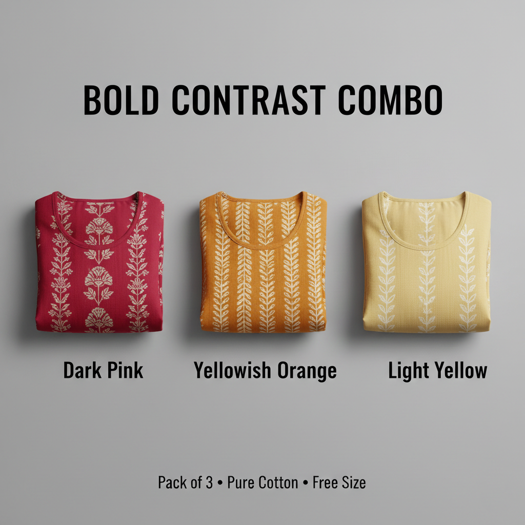 Bold Contrast Combo – Dark Pink, Yellowish Orange & Light Yellow Cotton Nighty Combo (Pack of 3)