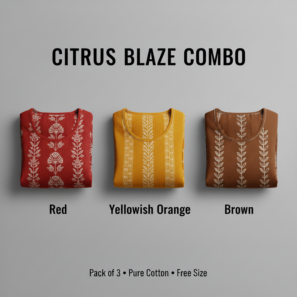 Citrus Blaze Combo – Red, Yellowish Orange & Brown Dark Cotton Nighty Combo (Pack of 3)