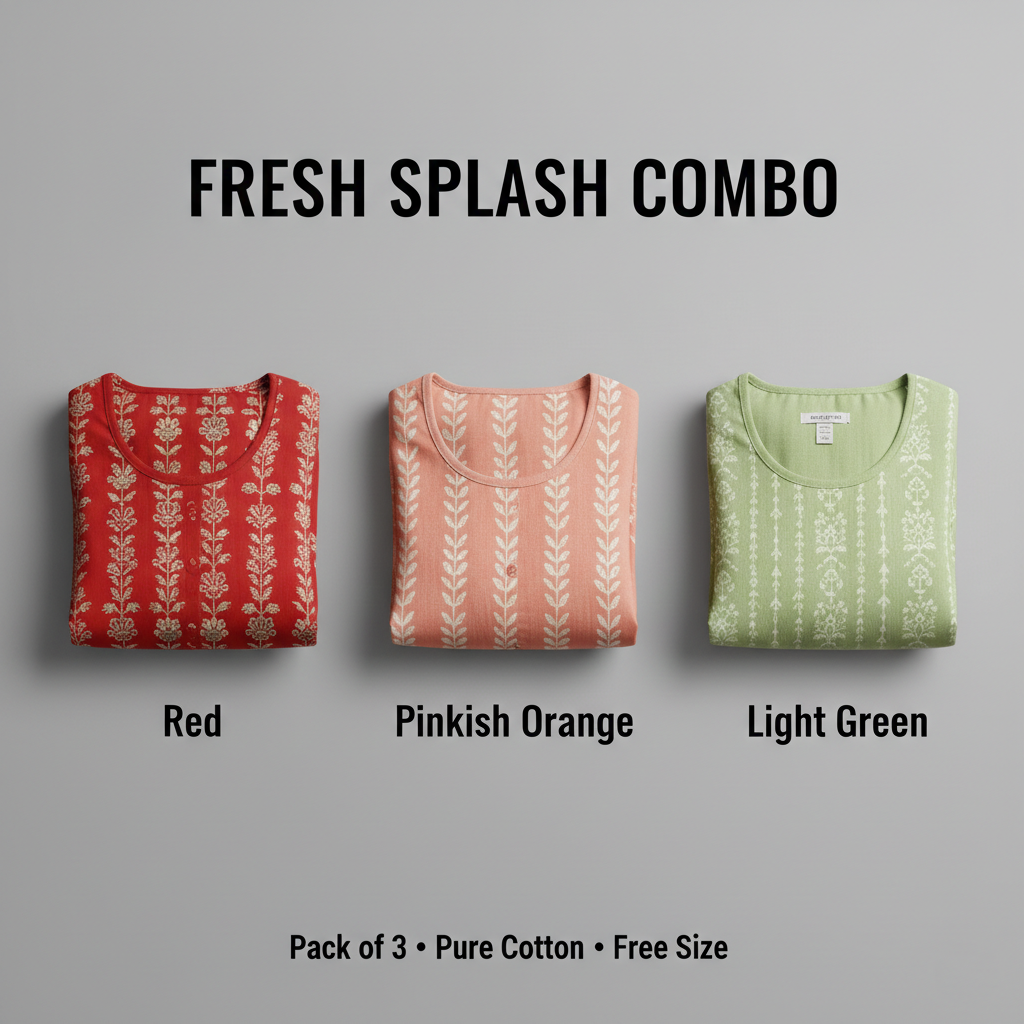 Fresh Splash Combo – Red, Pinkish Orange & Light Green Nighty Combo (Pack of 3)