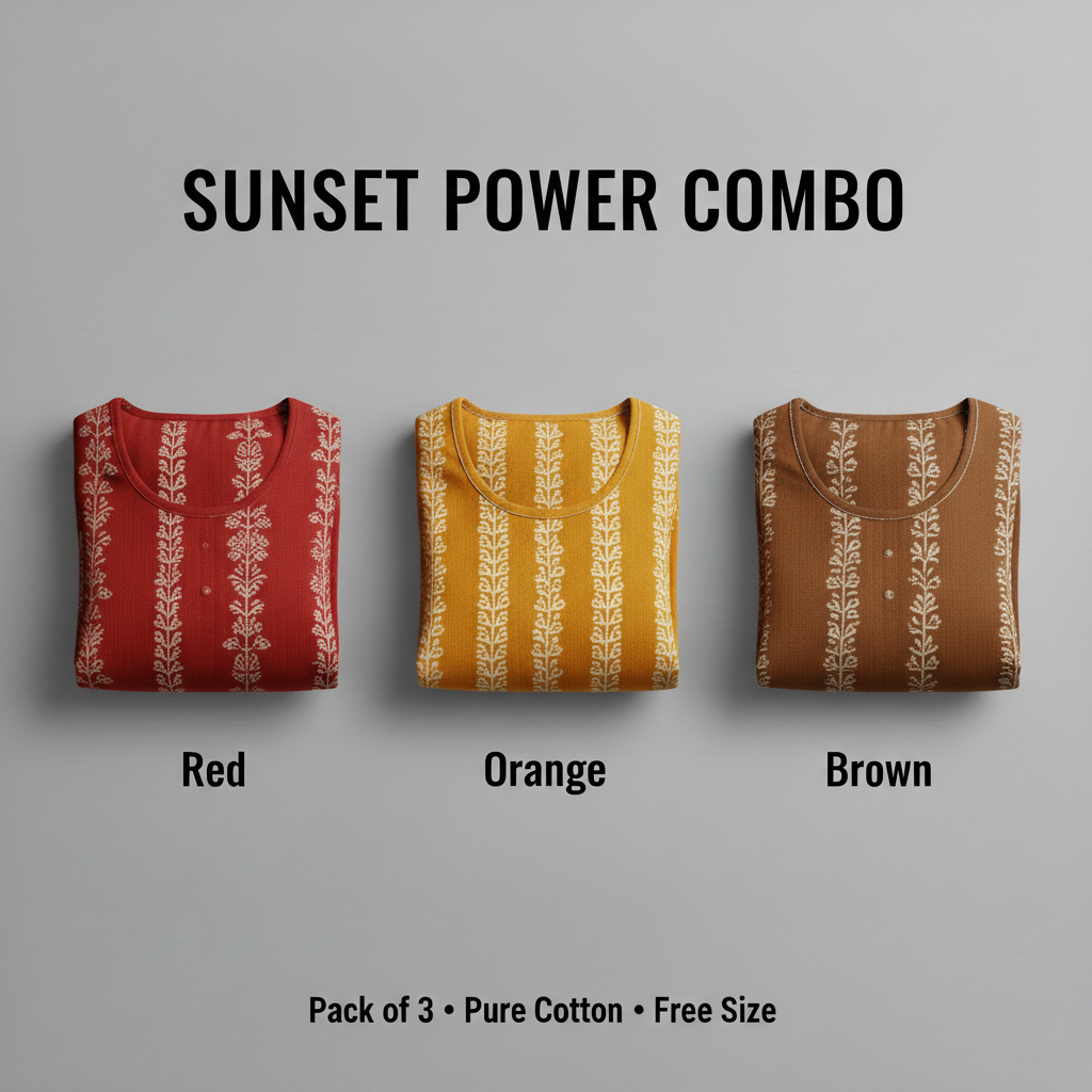 Sunset Power Combo – Red, Orange & Brown Dark Cotton Nighty Combo (Pack of 3)