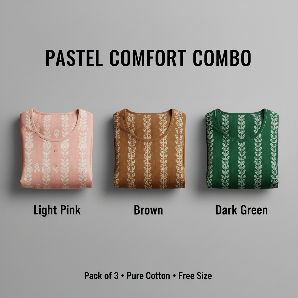 Pastel Comfort Combo – Light Pink, Brown & Dark Green Nighty Combo (Pack of 3)
