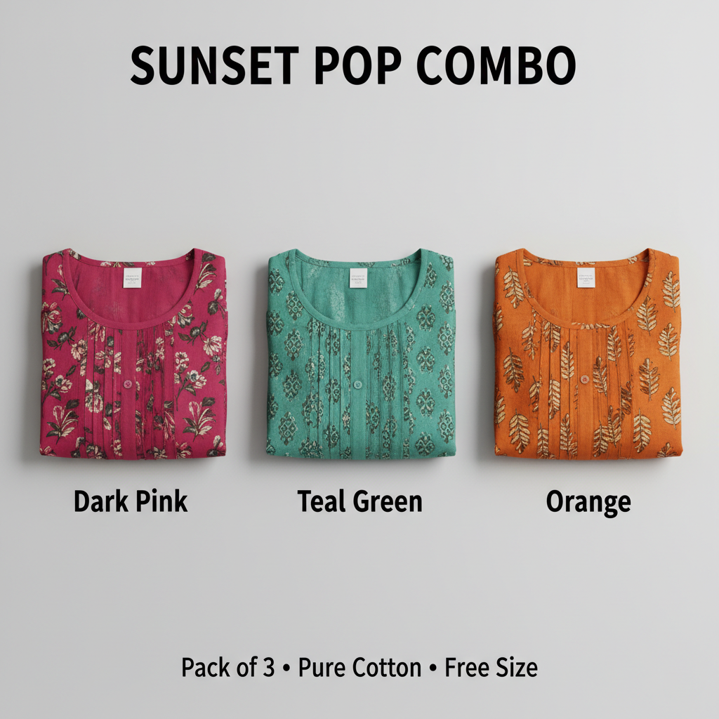 Sunset Pop Combo – Dark Pink, Teal Green & Orange Nighty Combo (Pack of 3)
