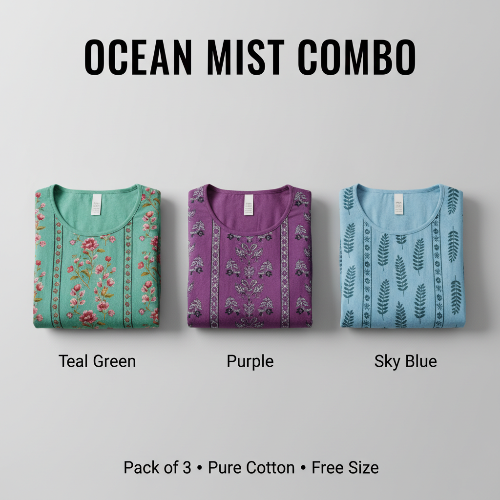 Ocean Mist Combo – Teal Green, Purple & Sky Blue Nighty Combo (Pack of 3)