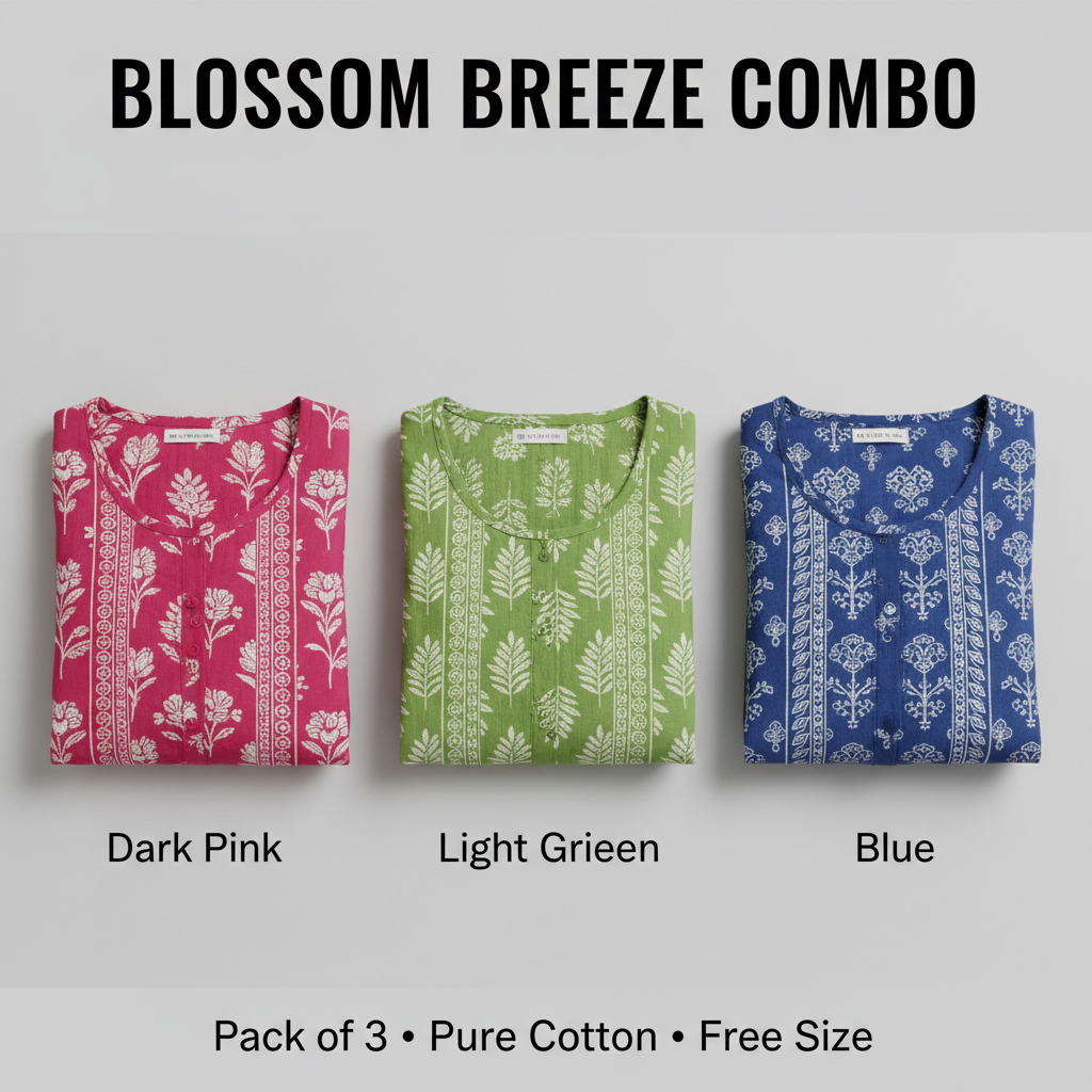 Blossom Breeze Combo – Dark Pink, Light Green & Blue Nighty Combo (Pack of 3)