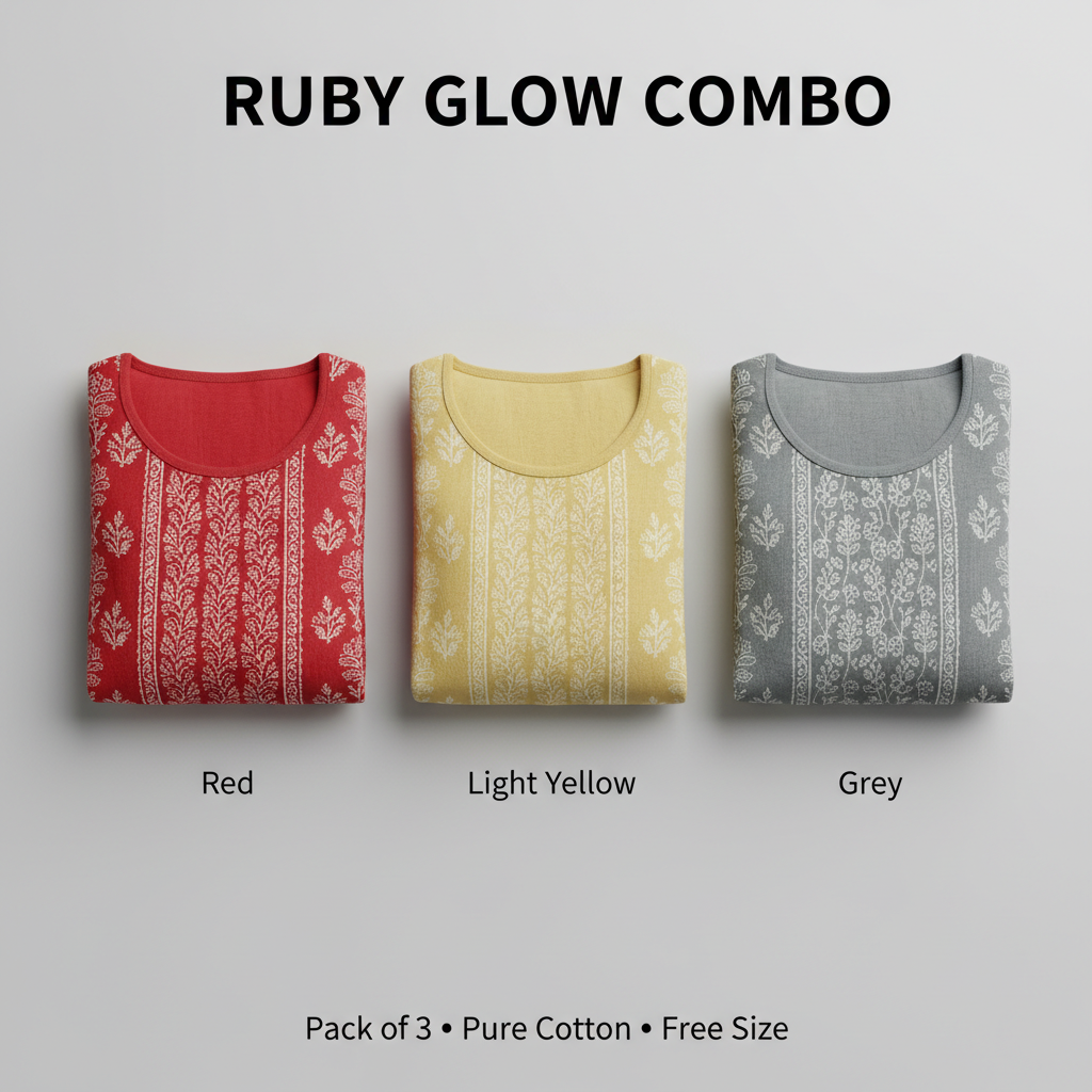 Ruby Glow Combo – Red, Light Yellow & Grey Cotton Nighty Combo (Pack of 3)